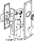 Diagram of Brass Mortise Lock Set, Right Hand, Two And A Half Inch Backset, Surface Mounted Exterior Door Hardware With Night Latch