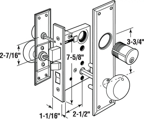 Diagram of Brass Mortise Lock Set, Right Hand, Two And A Half Inch Backset, Surface Mounted Exterior Door Hardware With Night Latch