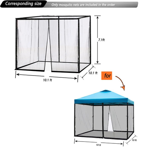 Image showing dimensions of 10x10 Mosquito Netting For Patio Canopy Tent Pop Up Canopy With Double Door Side Screen Easy Install Black Net Only No Frame Keeps Bugs Out While You Chill Outdoors This Summer.