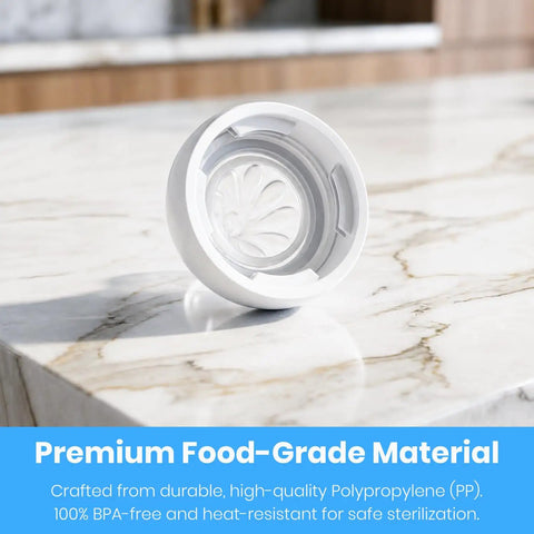 Rock Solid Replacement Collar Rings For Baby Bottles Secure Screw Lids No Spill Nipple Seals BPA Free 4 Pack on marble counter.