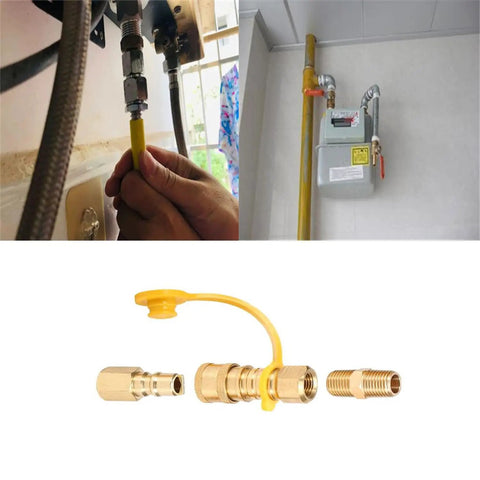 3/8 Inch Natural Gas Quick Connect Fittings, 100 Percent Solid Brass LP Gas Propane Hose Quick Disconnect Kit with adapter, installed view.
