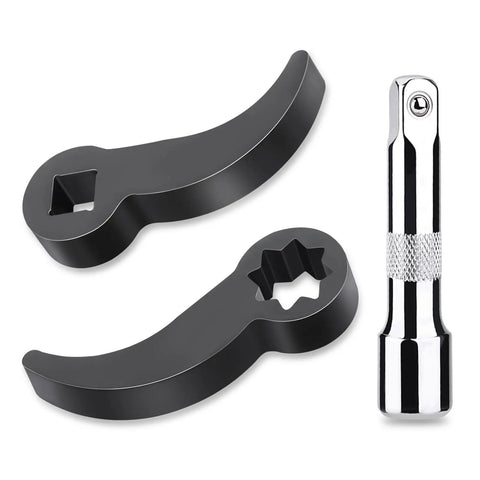 Crowbar Adapter Head Set For Tight Spaces With One Half Inch Eight Point Square Drive And Three Eighths Inch Square Drive Plus Three Eighths Inch Extension Bar Pry Bar Wrench Adapter For Half Shaft Removal And Ratchet Car Repair showing adapters and extension bar.
