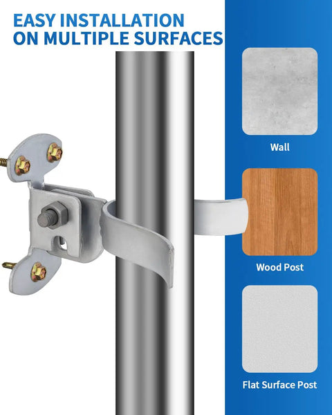 Two Pack One And Three Eighths Inches Flat Back Wall Mount Chain Link Fork Latch For Metal Gates With Screws Or Lag Bolts Gate Fork Latch With Padlock Hole For Gate Frames And Wooden Posts Tough As Nails Outdoor Fence Hardware shown installed on metal post