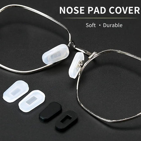 Hella Soft Anti Slip Silicone Eyeglass Nose Pads 18 Pair Replacement Kit With Cleaning Cloth Super Snug Grip Featherlight Allergy Free For Glasses And Sunglasses Small White, showing clear silicone pads on glasses.