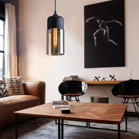 Industrial Farmhouse Pendant Light With Black Finish And Amber Cylinder Shade For Kitchen Island, Dining Room, Hallway