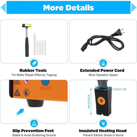 Pro Paintless Dent Repair Kit With Induction Heater For Cars showing rubber tools, power cord, slip prevention feet, and heating head