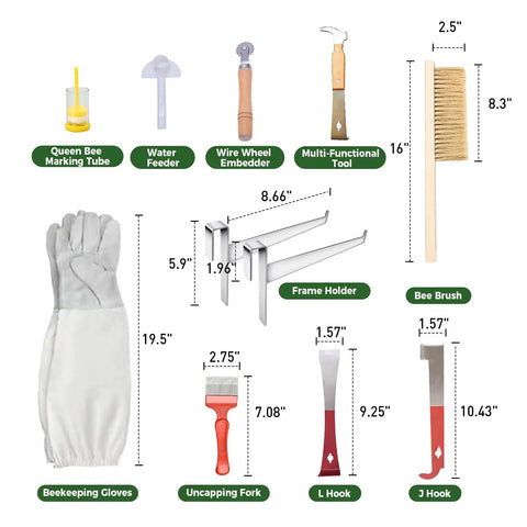 Beekeeping Starter Kit For Beginners 24 Piece Tool Set with beehive tools, veil gloves, smoker, and feeding accessories shown.