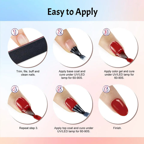 Step-by-step application guide for 36Pcs Gel Nail Polish Kit With 32 Classic Colors And 4 Essential Addons, showing base and top coat application.