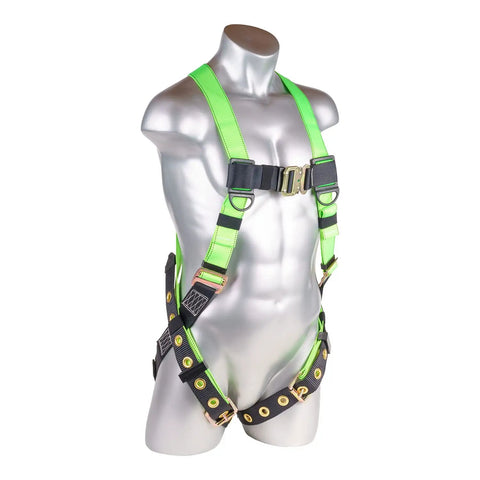 Jobsite Ready Full Body Construction Harness With 5 Point Adjustment, Back D Ring, Grommet Leg Straps, HiVis Green on mannequin