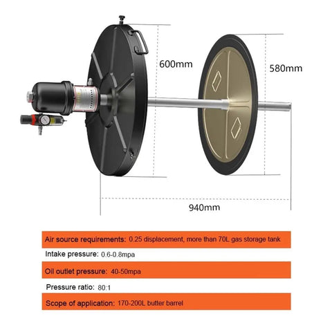 Heavy Duty Pneumatic Grease Pump With Tough As Nails 80 To 1 Pressure Ratio and Integrated Grease Gun with a 20 Foot Hose.