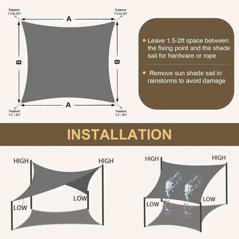 Waterproof Sun Shade Sail 8 By 10 Foot Dark Grey Canopy With Curved Edges installation guide for outdoor use and UV protection.