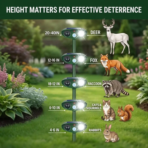Illustration showing height placement for Four Pack Solar Ultrasonic Animal Deterrents For Gardens And Lawns With Motion Activated Led Strobe Light.