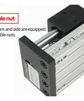 Close-up of 100mm CNC Linear Stage Actuator with Double Optical Axis Rails highlighting movable nut section