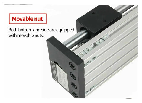 Close-up of 100mm CNC Linear Stage Actuator with Double Optical Axis Rails highlighting movable nut section