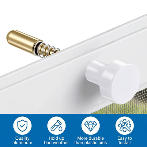 Top Rated 12 Pack Window Screen Replacement Plunger Pins And High Grade Spring Clips Repair Kit showing aluminum pin and spring in installation.