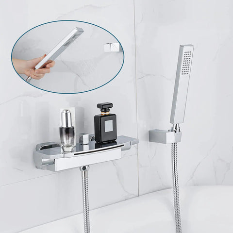 Polished Chrome Waterfall Bathtub Faucet With Wall Mount Dual Handle Brass Tub Spout Slick Handheld Shower Spray displayed