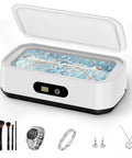 Keep Your Gear Looking Crisp With This 650Ml Ultrasonic Jewelry Cleaner, cleaning glasses in water bath, various accessories around.