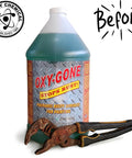 Front view of OXY-GONE rust remover bottle, 128 oz, green plastic container with rusted pliers