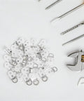 30 Pack Double Wheel Curtain Track Rollers With Rock Solid Alloy Plastic Pulleys on a white surface alongside tools for easy installation.