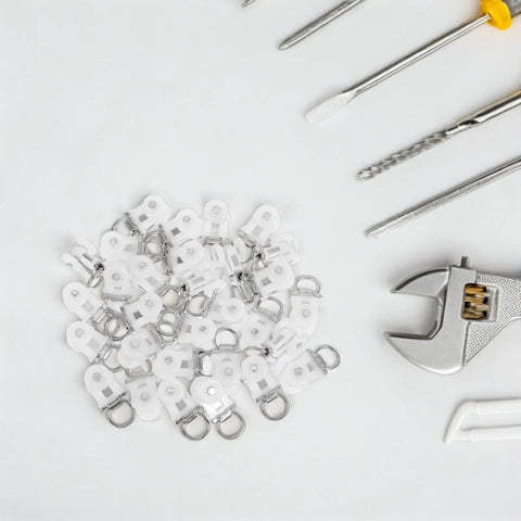 30 Pack Double Wheel Curtain Track Rollers With Rock Solid Alloy Plastic Pulleys on a white surface alongside tools for easy installation.