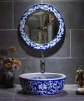 Top Shelf Vintage Round Ceramic Vessel Sink For Bathroom Vanity Above Counter Durable Porcelain Wash Basin With High Gloss Premium Glaze in blue and white design.