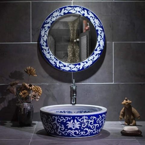 Top Shelf Vintage Round Ceramic Vessel Sink For Bathroom Vanity Above Counter Durable Porcelain Wash Basin With High Gloss Premium Glaze in blue and white design.