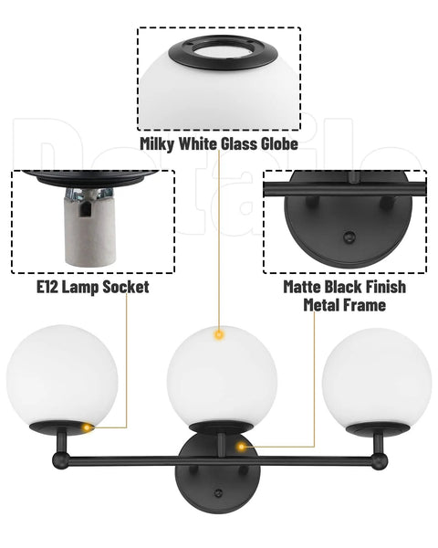 Three Light Black Vanity Light Fixture With Milky White Glass Globe Shade features matte black finish and E12 lamp sockets
