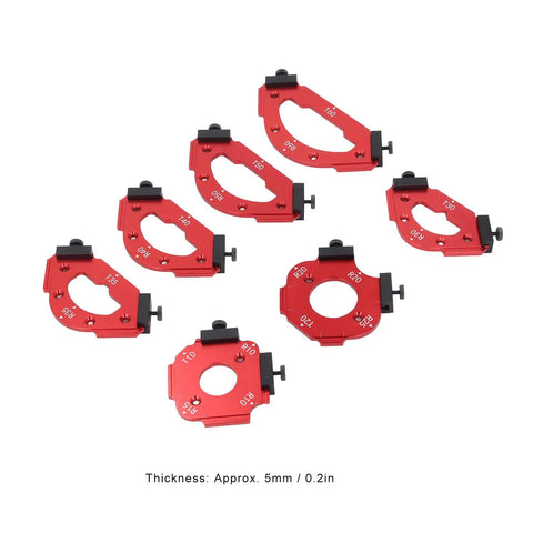 Killer DIY Router Radius Jig Set, Dead On Arc Corner Templates with 7 red aluminum guides for rounded edge builds.