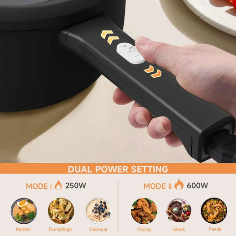Hand adjusting power setting on Mini Electric Pot With Nonstick 2L Capacity, Sauté And Steam Function, Dope Dorm Room Kitchen Essential.