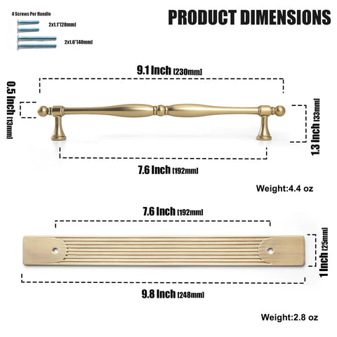 Product dimensions of Champagne Bronze Cabinet Pulls With Backplates Modern Zinc Alloy Drawer Handles for Kitchen and Bedroom, 7.56 inch spacing.