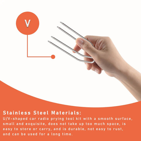 Hand holding 2 Piece Car Radio Removal Pry Tool Set With V Shaped Stainless Steel Release Tools For Auto Stereo Dash Disassembly