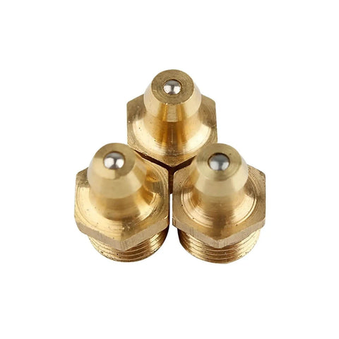 Three brass nipples from Pro Grade Brass Grease Fitting Assortment 15 Pcs Set M6 M8 M10 Nipple Nozzle Kit High Temp Precision