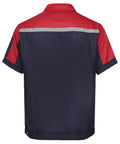 Men Heavy Duty Mechanic Uniform Short Sleeve Work Shirt Built Tough Contrast Utility Top With Safety Reflective Stripes Zip Front Drop Collar Red Navy Blue Job Site Staple back view showing zip front and contrasting colors.
