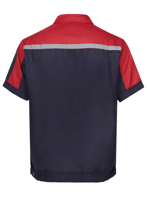 Men Heavy Duty Mechanic Uniform Short Sleeve Work Shirt Built Tough Contrast Utility Top With Safety Reflective Stripes Zip Front Drop Collar Red Navy Blue Job Site Staple back view showing zip front and contrasting colors.