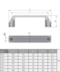 Technical drawing of black plastic pull handles for cabinets and cupboards, 5.43 inches long, 120mm center mounting spacing.