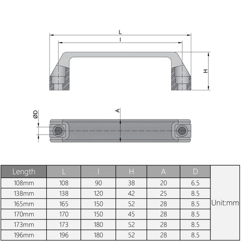 Technical drawing of black plastic pull handles for cabinets and cupboards, 5.43 inches long, 120mm center mounting spacing.