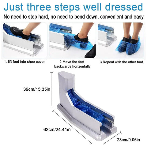 Top Tier Automatic Shoe Cover Dispenser With Disposable Plastic Booties For Cleanrooms And Home Offices No Cord Drama Pull Operated Stand in use for easy shoe cover application.