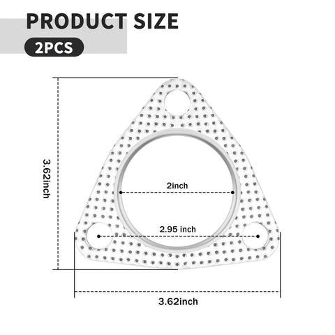 Front view of a 2-piece triangular 3-bolt exhaust gasket with a 2-inch bore and perforated metal flange.