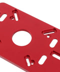 Close-up of Knockout Universal Router Base Plate with Dual Handle, red aluminum alloy template guide for woodworking.