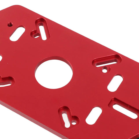 Close-up of Knockout Universal Router Base Plate with Dual Handle, red aluminum alloy template guide for woodworking.