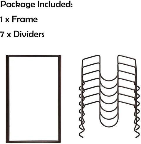 Sturdy Pot Lid Storage Rack With Seven Adjustable Compartments For Countertops And Cabinets Keeping Bakeware Pan Covers And Plates Super Secure Zero Hassle Kitchen Game Changer Slick Design Brown, includes one frame and seven dividers.