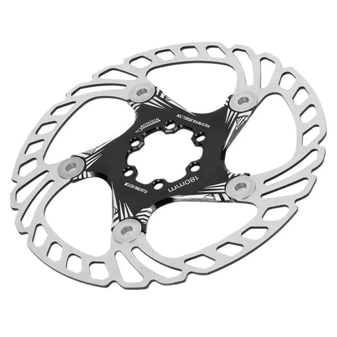 Premium Mountain Bike Disc Brake Pads For Hydraulic And Mechanical Systems Rock Solid Five Nail Design displayed on a silver rotor.
