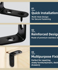 Image showing 2 Inch L Brackets Pack Of 10, 90 Degree Black Corner Braces for wood furniture with labels for installation benefits.