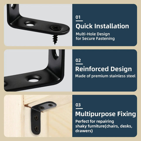 Image showing 2 Inch L Brackets Pack Of 10, 90 Degree Black Corner Braces for wood furniture with labels for installation benefits.