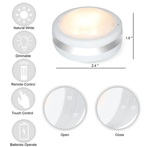Diagram of Led Puck Lights With Remote Control No Wires Needed Stick On Under Cabinet Lights AAA Battery Powered with size indications.