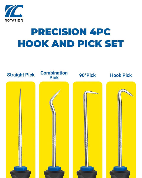 Pro Grade Precision Hook And Pick Set For Automotive Work Four Piece Hand Tool Kit with straight pick, combination pick, 90 degree pick, hook pick