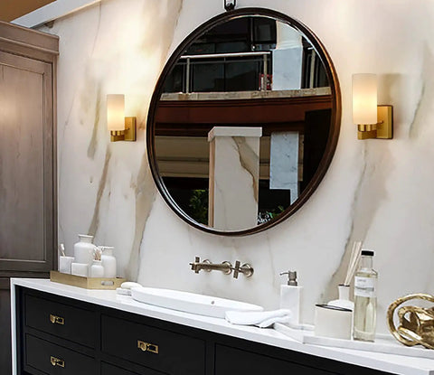 Gold Wall Sconce Set Of 2 Dimmable Vanity Lights With Milky White Cylinder Glass Shades in modern bathroom setting