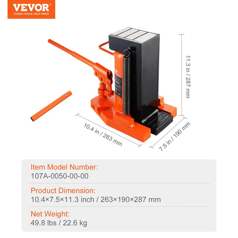 VEVOR hydraulic toe jack with orange base and black lifting column; 5-ton toe capacity, detachable handle