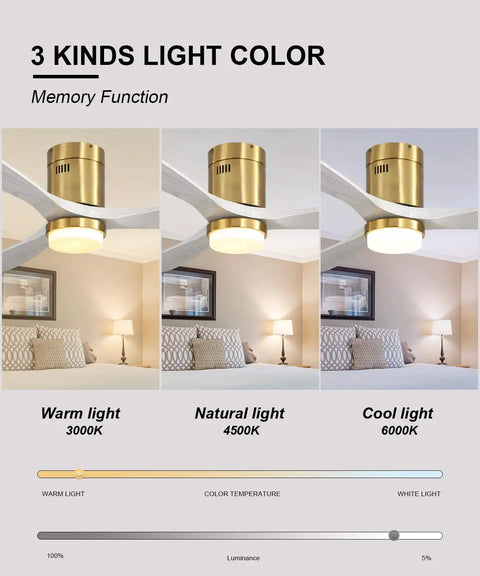 52 Inch Modern Ceiling Fan With Light And Remote, showing warm, natural, and cool light settings with solid wood blades.