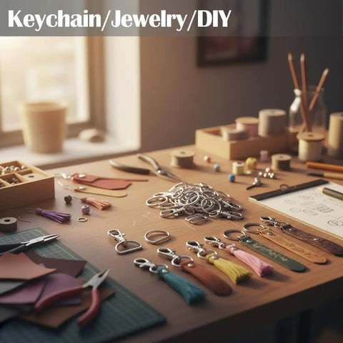 Heavy Duty One Inch Swivel Snap Hooks For Keys And Gear Sixty Pack Dang Solid Steel Clips on a craft table with tools.